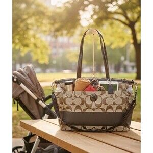 Coach F19202 Lurex Signature C X-Large Brown Canvas Diaper Tote Bag Travel